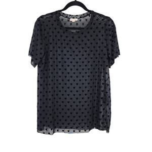 NWOT POL Black Sheer Mesh Velvet Heart Crew Neck Short Sleeve Top Size Small